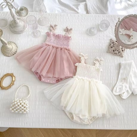 即納あり◆ivory/pink コットンリボンシャーリングチュールロンパース(1233)