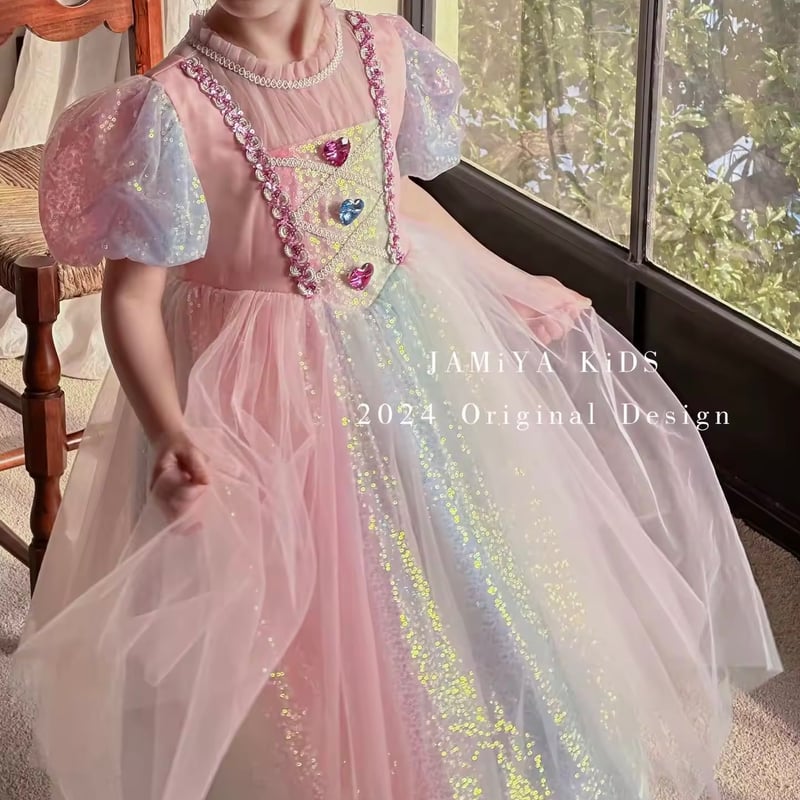 kids カラフルハートストーンレインボースパンコールプリンセスドレス