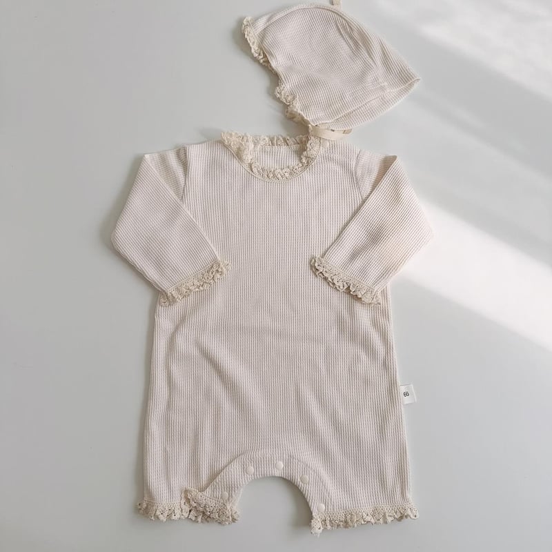 ボンネット付きワッフルフリルロンパース(4041) | こどもふく