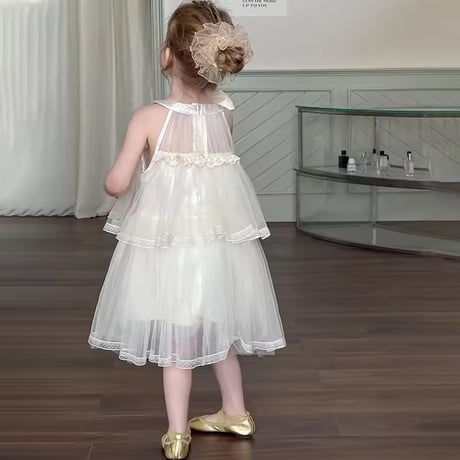 kids creamネックサイドリボンダブルチュールAラインドレス(1485)