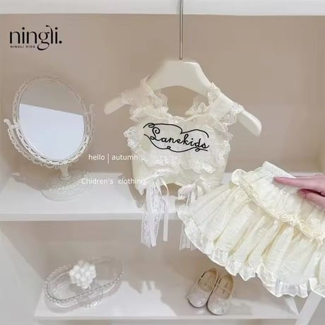 kids ロゴレースリボンキャミ＋ふんわりスカートガーリーコーデ(1248)