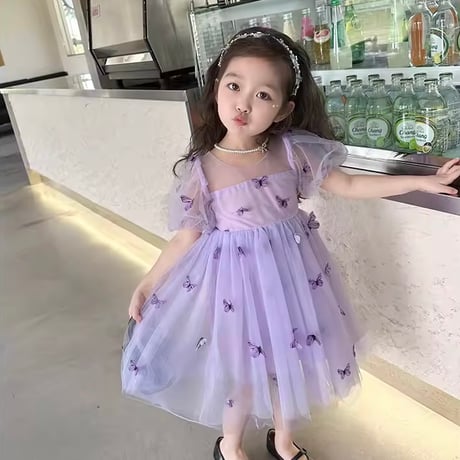 kids purple/green バタフライパフスリーブチュールドレス(838)