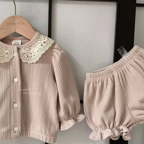 jennybebe 2colorレースフラワー襟リブ模様セットアップ(4196)