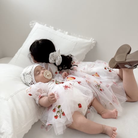 即納あり◆姉妹お揃いストロベリーショートケーキロンパースorワンピースドレス(1586)