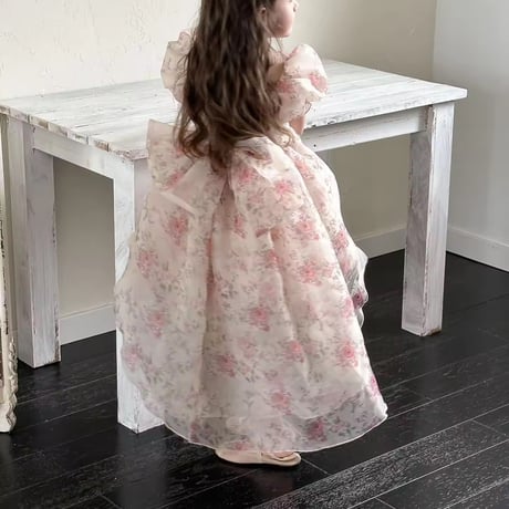 kids アシンメトリーピンクフローラルシフォンドレス(1544)