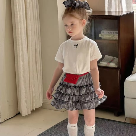 kids red/navy プチリボンTシャツ×チェックフリルキュロット(1278)