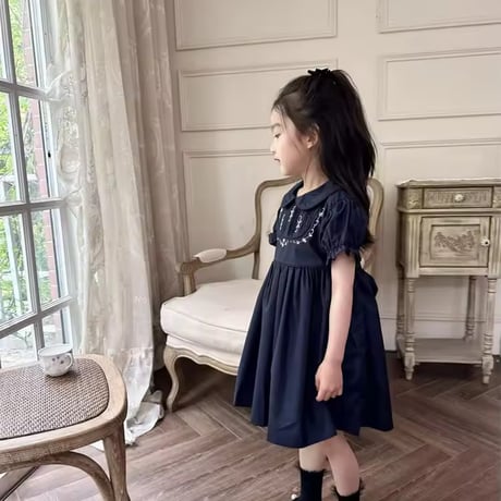 kids ラウンドネックネイビーエンブロイダリーワンピース(1607)