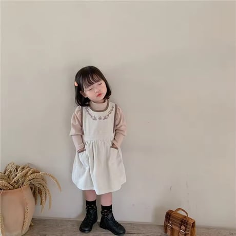 beige/brownバイカラーコーデュロイ刺繍ジャンパースカートorパフスリーブトップス(1360)