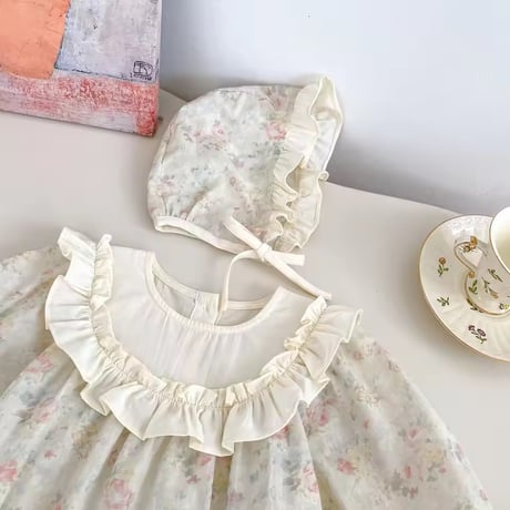 ボンネット付きフローラルウォーターカラーロンパース(1726)