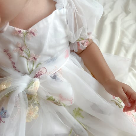 8color flower gardenショートスリーブリボンチュールロンパースドレス(894)