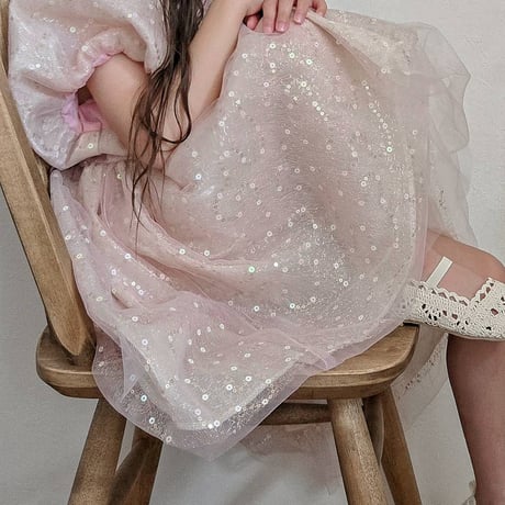 kids pink/champagne スパンコールパフスリーブドレス(638)