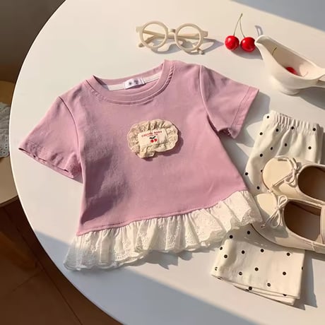 kids チェリーワッペンコットンレースペプラムトップス(2282)