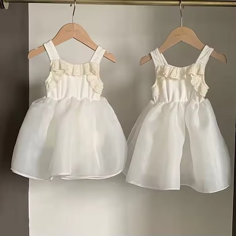 white/black 姉妹お揃いノースリーブコットンフリルシフォンワンピースorワンピース(1404)