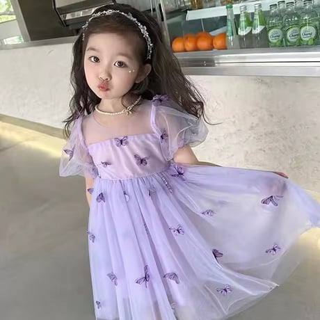 kids purple/green バタフライパフスリーブチュールドレス(838)