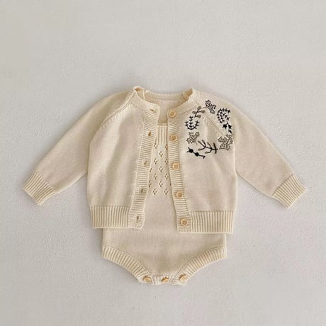 アイボリー刺繍ニットカーディガンorアイレットニットサロペット(2469)