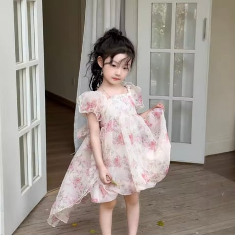 kids アシンメトリーピンクフローラルシフォンドレス(1544)