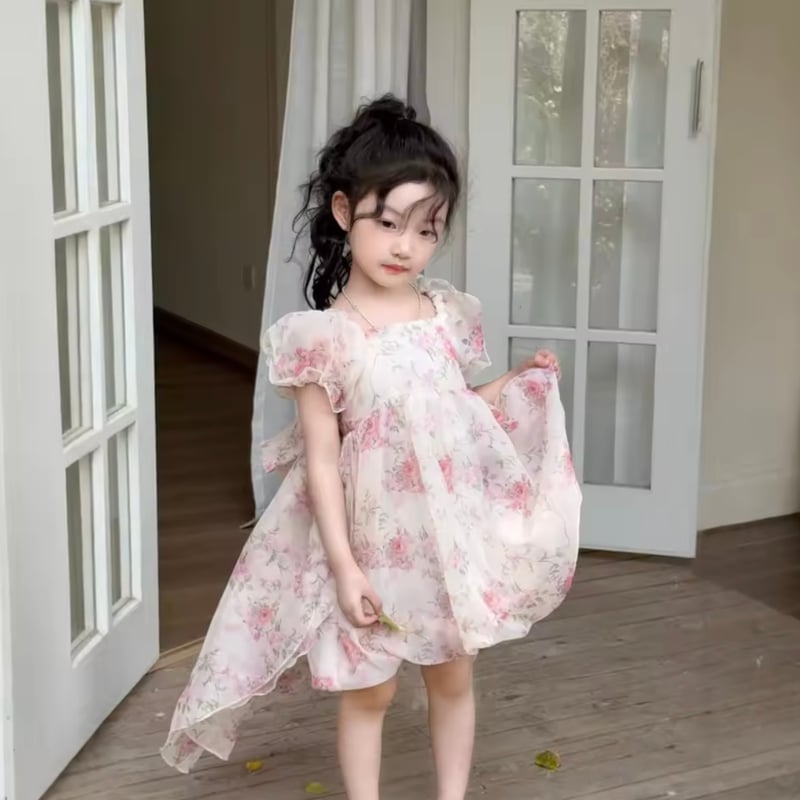 kids アシンメトリーピンクフローラルシフォンドレス(1544) | こども