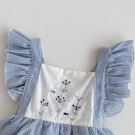 ドットミニヨン×ストライプ柄フラワー刺繍Shoulder frillsスカートロンパース(4096)
