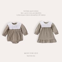 即納あり◆姉妹お揃いビッグレース襟ブラウンギンガムチェックロンパースopワンピース(995)
