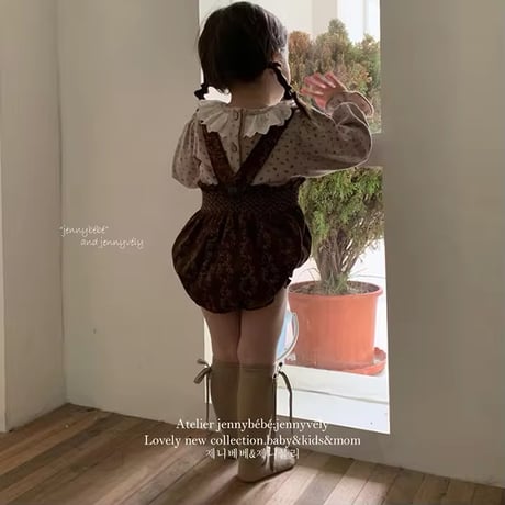 jennybebe小花柄ブラウス×コーデュロイ花柄サス付きパンツ(4193)