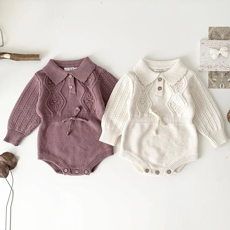 ワントーンかぎ針ニット襟付きロンパース(3280) | こどもふく🧸mocokids