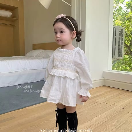 jennybebe姉妹お揃いホワイトシャーリングロンパースorワンピース(741)