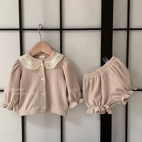 jennybebe 2colorレースフラワー襟リブ模様セットアップ(4196)