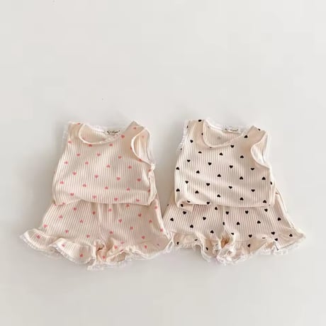 pink/black ハートプチレースタンクトップリブセットアップ(2247)