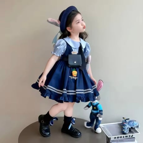 kids  半袖/長袖ネイビーラビットなりきりワンピース(2155)
