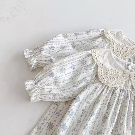 姉妹お揃いコットンレースcollarパールブルーフラワーロンパースorワンピース(962)