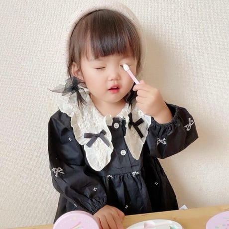 即納あり◆姉妹お揃いブラックリボンレースロンパースorワンピース(2311)