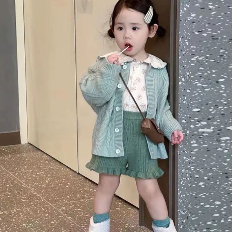 kids mint green 花柄ブラウス×カーディガン×ニットパンツ(4030 kids mint green 花柄ブラウス×カーディガン×ニットパンツ(4030