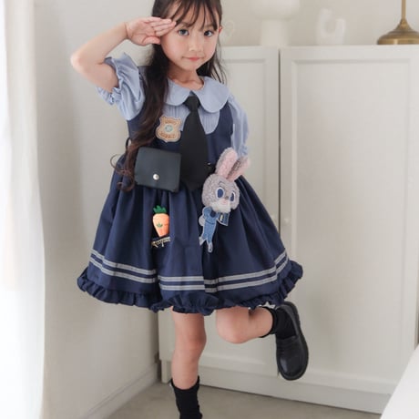 kids  半袖/長袖ネイビーラビットなりきりワンピース(2155)