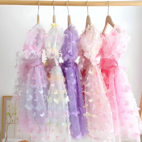 7color 姉妹お揃いバタフライパフスリーブBIGウエストリボンドレス(1279)