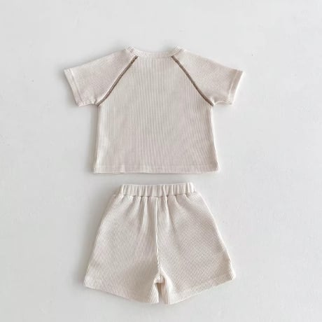 beige/brown ワッフル生地くまイラストセットアップ(1297)