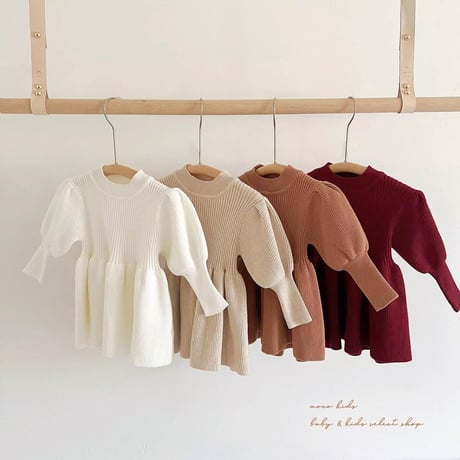 4color くすみ暖色カラーぽわん袖ニットワンピース(2320)