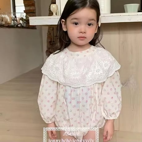 姉妹お揃いBIG white lace collarフラワーロンパースorワンピース(1058)