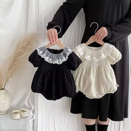 beige×black confetti laceパフスリーブロンパース(1102)
