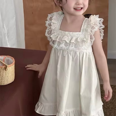 バックブラックリボンスクエアネックコットンワンピース(1177)
