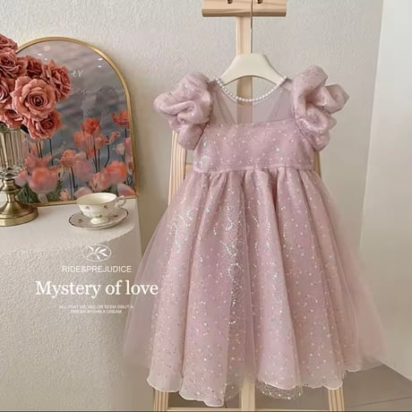kids pink/champagne スパンコールパフスリーブドレス(638)