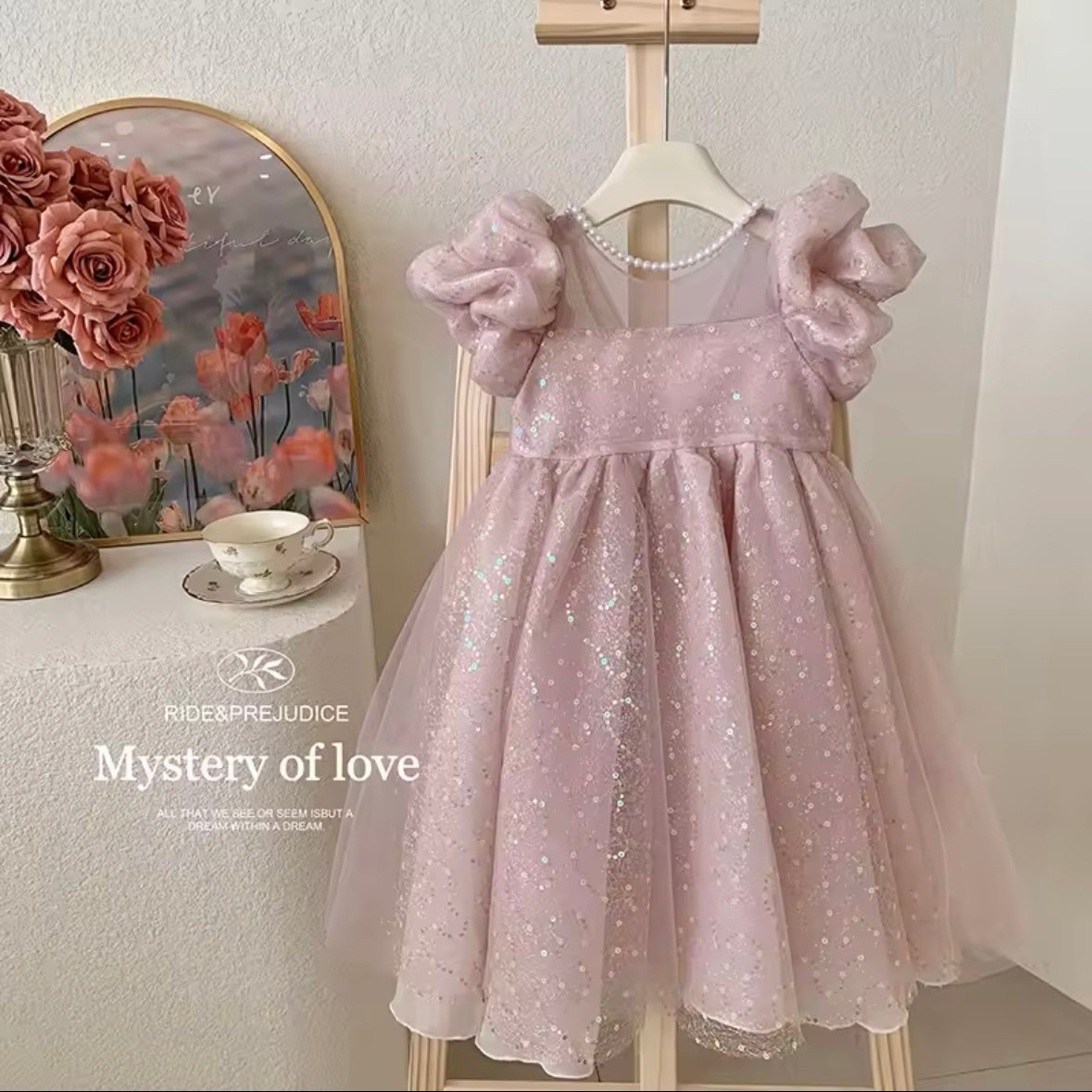 kids pink/champagne スパンコールパフスリーブドレス(638 kids pink/champagne スパンコールパフスリーブドレス(638