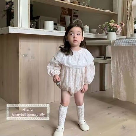 姉妹お揃いBIG white lace collarフラワーロンパースorワンピース(1058)