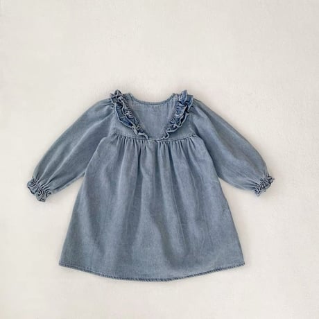 姉妹お揃いデニムショルダーフリルロンパースopワンピース(710)
