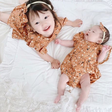 姉妹マスタード小花柄ワンピ＆ロンパース(780)