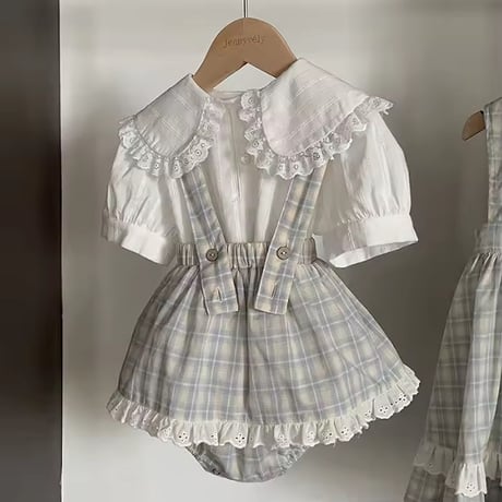 姉妹お揃いペールチェックノースリーブワンピースorスカートブルマサロペット(1395)