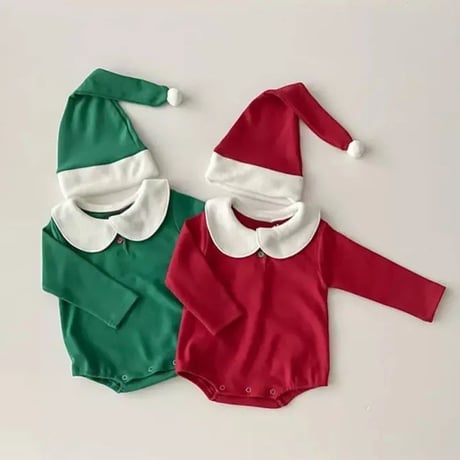 Xmas red/green サンタ帽子付き裏起毛ロンパースorタイツ(3342)
