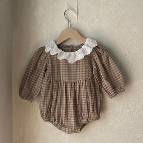 姉妹お揃いbrownチェックスカラップレースロンパースorワンピース(4010)