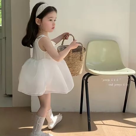 white/black 姉妹お揃いノースリーブコットンフリルシフォンワンピースorワンピース(1404)