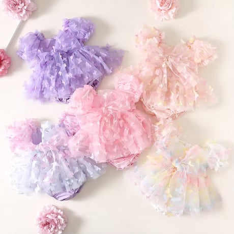 7color 姉妹お揃いバタフライパフスリーブBIGウエストリボンロンパースドレス(1279)