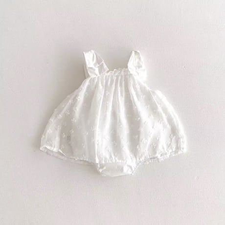 white×lemon yellowショルダーリボンシフォンレースロンパース(784)